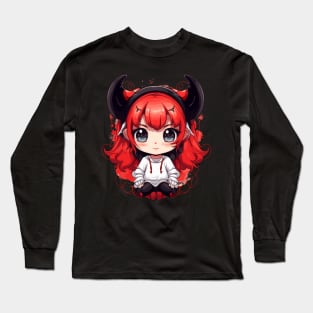 Cute Anime Demon Girl with Fiery Horns Long Sleeve T-Shirt